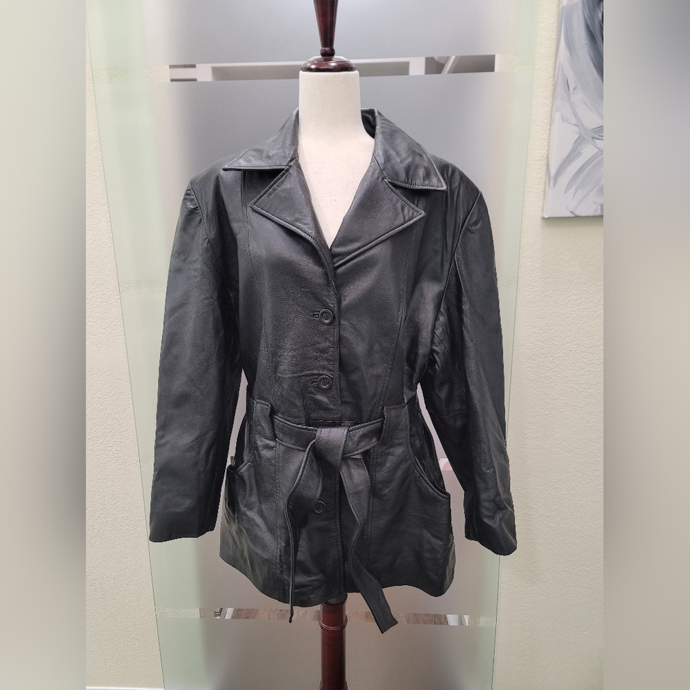 PHASE 2 Women's Black Leather Belted Trench XL